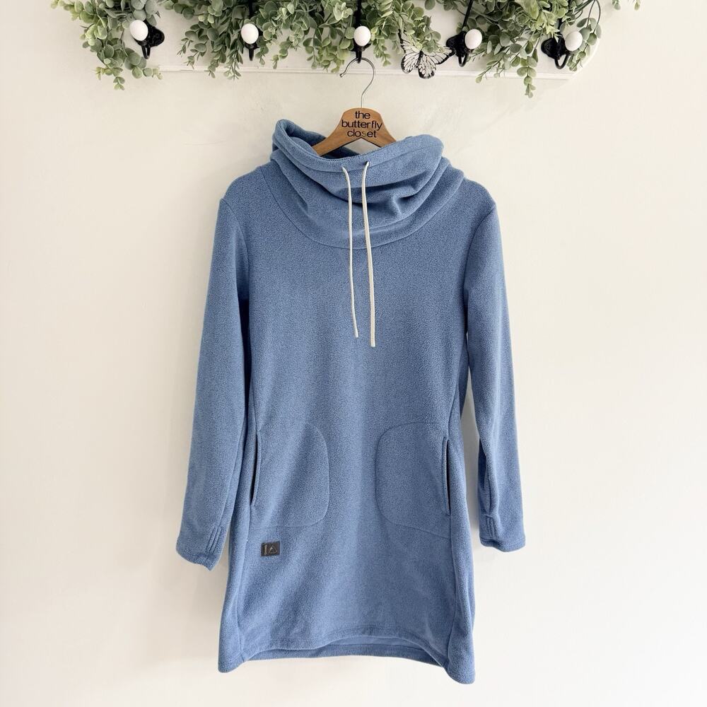 Deso Velma Fleece Dress Drawstring Cowlneck Pockets Blue Size M R5347